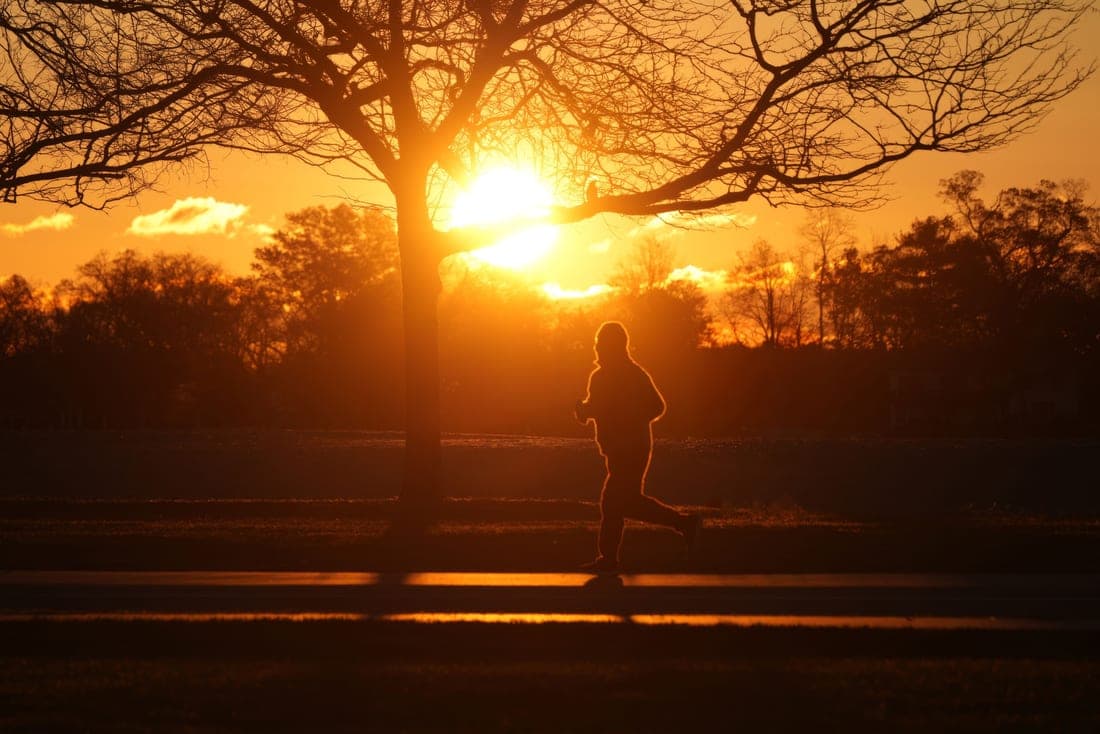 A runner silhouetted on a park path at sunset